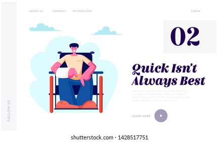 Cheerful Disabled Man with Broken Hand Sitting on Wheelchair Walking Outdoor, Motivation, Handicapped Person Enjoying Full Life Website Landing Page, Web Page. Cartoon Flat Vector Illustration, Banner