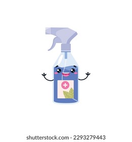 Cheerful disinfectant with cute childish face, cartoon flat vector illustration isolated on white background. Antiseptic spray, antibacterial cleaner. Personal hygiene and cleaning concepts.