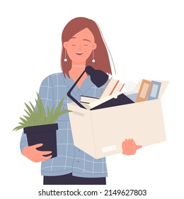 Cheerful dismissed girl with office stuff. Employee quitting, new job starting vector illustration