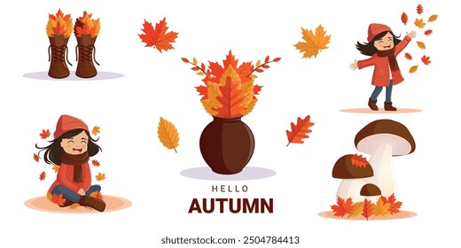 A cheerful display captures the essence of autumn, featuring children playing with falling leaves, vibrant pumpkins, and whimsical mushroom illustrations. 
