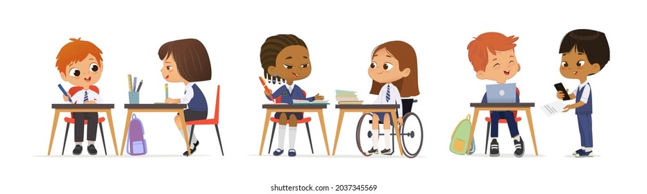 Cheerful diverse kids in school uniform talking sitting at tables enjoying lesson inclusion education vector banner. Little girl in wheelchair greeting to schoolboy and schoolgirl classmates isolated