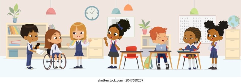 Cheerful diverse kids in school uniform talking sitting at tables enjoying lesson inclusion education vector banner. Little girl in wheelchair greeting to schoolboy and schoolgirl classmates isolated.