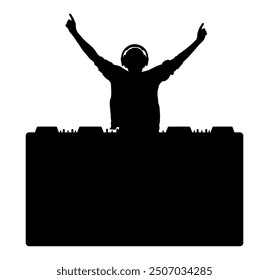 Cheerful DJ man in earphones,  silhouette. Vector illustration