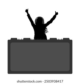 Cheerful DJ woman in earphones,  silhouette. Vector illustration