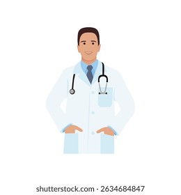 A cheerful doctor with a bright smile, exuding warmth and positivity. He is wearing a white lab coat with a stethoscope draped around his neck. Vector.