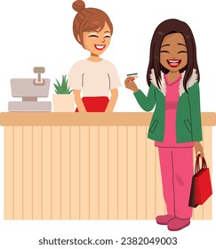 Cheerful doctor buying on Eco Store lifestyle concept. Happy smiling professional healthcare woman buying green eco-friendly shop with healthy vegan products drawing isolated on white background