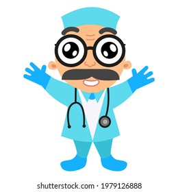 Cheerful doctor in flat style on a white background. Attending physician with a welcoming emotion. A man with a mustache wearing glasses and a robe. Pediatrician welcoming patients. Vector image.