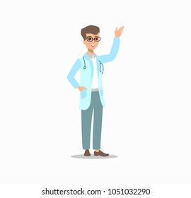 Cheerful doctor. Funny character design. Cartoon illustration. Healthcare concept creator. Male medic personage.