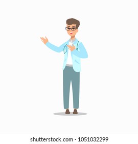 Cheerful doctor. Funny character design. Cartoon illustration. Healthcare concept creator. Male medic personage.