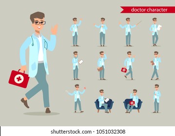 Cheerful doctor. Funny character design set. Cartoon illustration. Healthcare concept creator. Male medic personage.