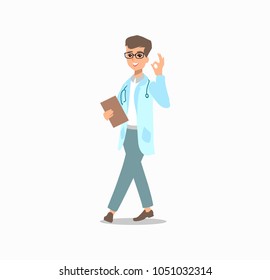 Cheerful doctor. Funny character design. Cartoon illustration. Healthcare concept creator. Male medic personage.