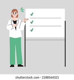 Cheerful doctor holding blank banner, showing thumb up and pointing with finger at copy space. Hand drawn thin line style, vector illustrations.