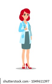 Cheerful doctor showing thumb up. Attractive doctor. Funny character design. Cartoon illustration. Healthcare. Female medic personage.