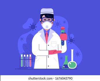 Cheerful doctor with virus vaccine in protection mask in medical laboratory. Confident medical worker presenting pandemic cure. Young chemist man with test tubes, viruses and test preparation in lab.