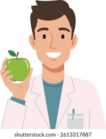 A cheerful doctor wearing a white coat holds a bright green apple, promoting healthy eating and wellness in a friendly, inviting atmosphere.