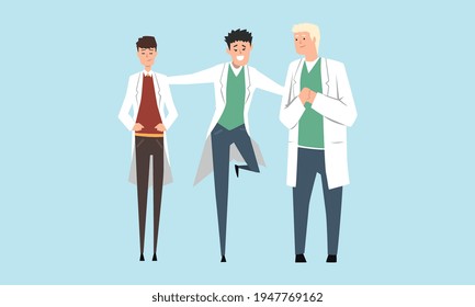 Personajes animados de caricatura de los médicos, equipo de médicos con abrigos blancos, ilustración de vectores de estudiantes médicos