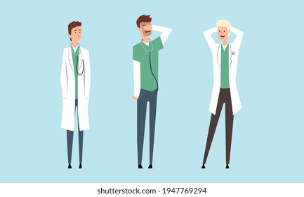 Cheerful Doctors Cartoon Characters Set. Medical Staff Team Wearing White Coats Vector Illustratio