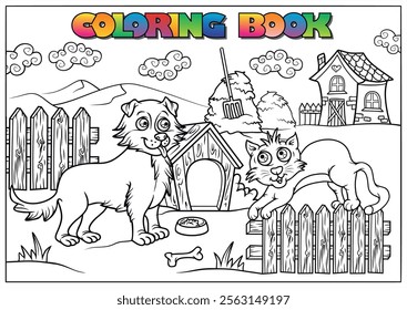 Cheerful dog and cat playing on a farm, perfect coloring activity for children.