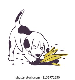 Cheerful Dog Digging Ground Near Cultivated Plant. Amusing Naughty Puppy Or Doggy Isolated On White Background. Disobedient Behavior Of Domestic Animal. Colorful Hand Drawn Vector Illustration