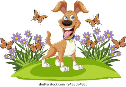 Cheerful dog enjoying nature with colorful butterflies