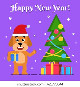 Cheerful dog holds gift box and stands near Christmas tree. Christmas, New Year greeting card. Flat style vector illustration