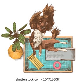 cheerful dog jumping into the pool with a springboard with an air mattress and a circle for swimming and a beach umbrella and a palm tree next to the pool, sketch vector graphics colored drawing