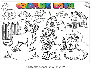 Cheerful dog looking at two lambs in a farm scene, from a coloring book for children.