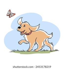 Alegre perro jugando con una mariposa. Lindo cocker spaniel con orejas grandes. Cachorro doméstico divertido. Ilustración vectorial plana aislada sobre fondo blanco