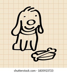 Cheerful dog puppy with a tasty bone. Small pet. Sketch on a school notebook. Vector illustration.