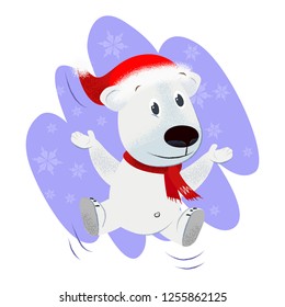 Cheerful dog in red scarf and Santa hat dancing, jumping and having fun. Christmas concept. Vector illustration can be used for banner design, greeting cards, party invitations