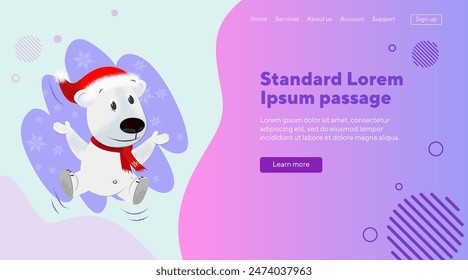 Cheerful dog in red scarf and Santa hat dancing, jumping and having fun. Christmas concept. Vector illustration can be used for banner or website design, landing page