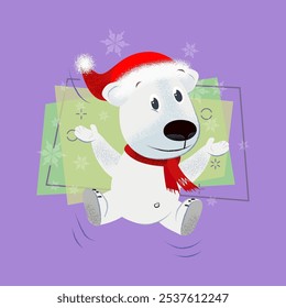 Cheerful dog in red scarf and Santa hat dancing, jumping and having fun. Christmas concept. Vector illustration can be used for banner design, greeting cards, party invitations