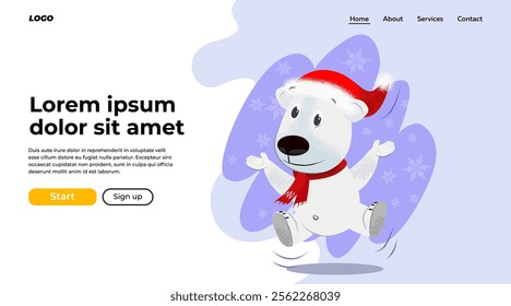 Cheerful dog in red scarf and Santa hat dancing, jumping and having fun. Christmas concept. Vector illustration can be used for web banner or landing page design