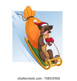 Cheerful dog rides a fast sled with gifts bag at the winter. Bright background images for print, create videos or web graphic design, user interface, card, poster.
