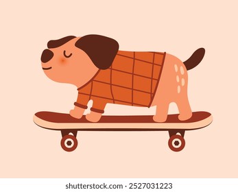 A cheerful dog rides a skateboard. Funny naive illustration with puppy on skate. Vector cute clip art for card, banner, sticker. Flat Design. Cartoon happy animal character. Pet activity.