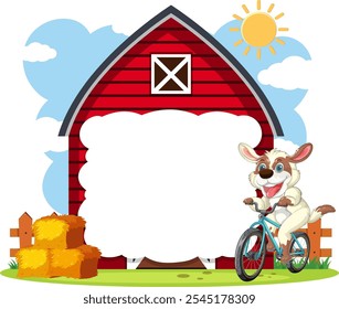 Cheerful dog riding a bike near a barn