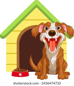Cheerful dog sitting by its house and food bowl.