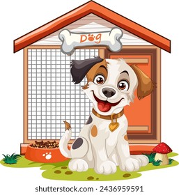 Cheerful dog sitting by its house and food bowl