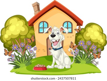 Cheerful dog sitting by its house and food bowl.
