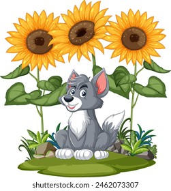 A cheerful dog sitting by sunflowers