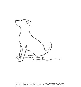 Cheerful dog sitting in clean continuous line art. Minimal black linear drawing of a dog, vector illustration on white background