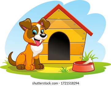 A cheerful Dog is sitting near the Booth. Funny cartoon dog on the lawn. A bowl of Bone. Vector illustration.