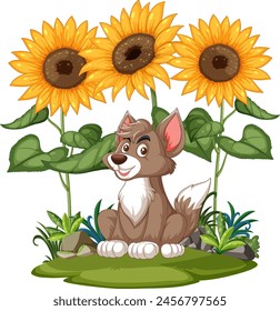 Cheerful dog sitting under tall sunflowers in garden