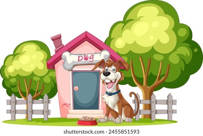 Cheerful dog standing by its colorful doghouse.