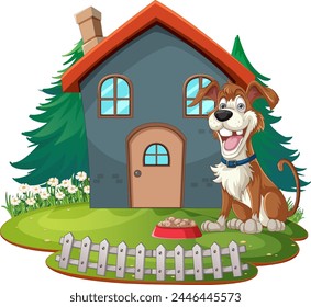 Cheerful dog standing by a small suburban home.