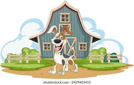 Cheerful dog standing in front of a barn