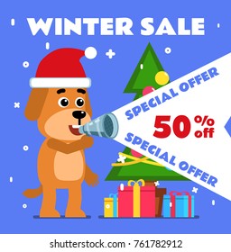 Cheerful dog talks through loudspeaker. Big winter sale poster. Christmas, New Year poster. Flat style vector illustration