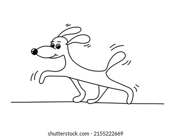 A cheerful dog walks along the path. Vector doodle drawing.