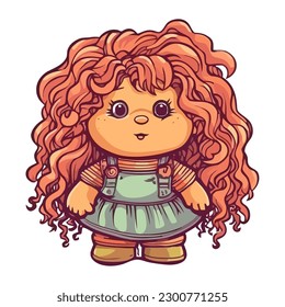 Cheerful doll with curly hair icon isolated