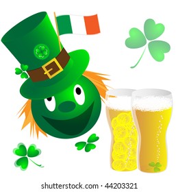 Cheerful doll,green hat and beer on light background